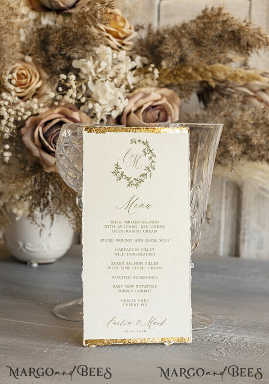 MENU & PROGRAMS glitter/ luxury premium Elegant Ivory Wedding Menu, hand torn edge Elegant Wedding Menu Cards with gold foil border, program dinner wedding menu 24/Desu/m25