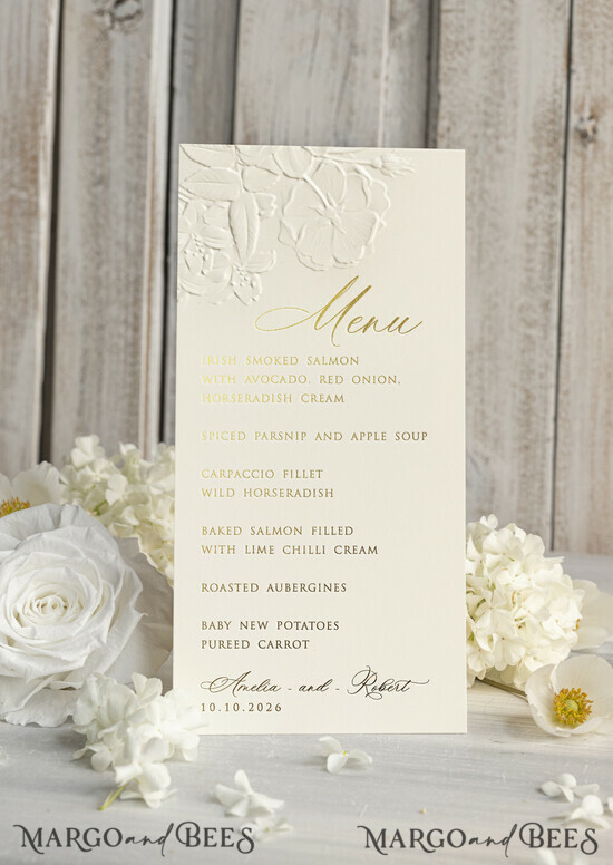 MENU & PROGRAMS glitter/ luxury premium Embossed Ivory Wedding Menu, Elegant Wedding Menu Cards With Floral Motif rose, Luxury Wedding Menu With Gold Foil 01/EmrosrwZl/m25