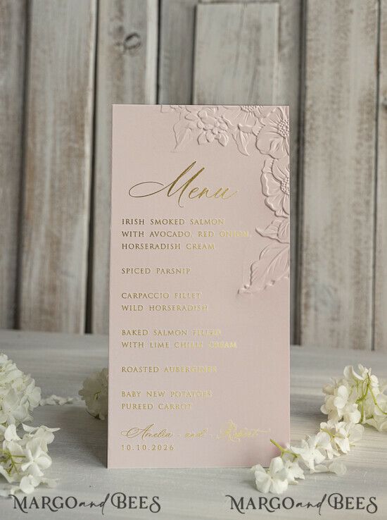 MENU & PROGRAMS glitter/ luxury premium Embossed Blush Pink Wedding Menu, Elegant Wedding Menu Cards With Floral Motif rose, Luxury Wedding Menu With Gold Foil 02/em3DRWzl/m25