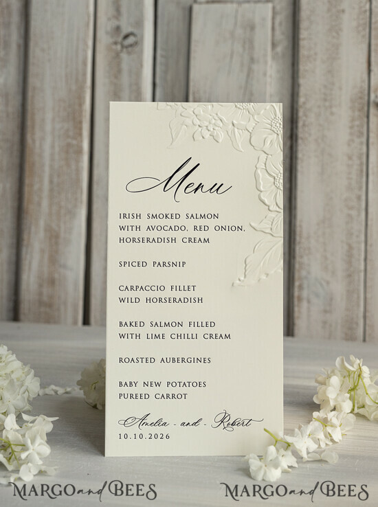 MENU & PROGRAMS glitter/ luxury premium Embossed Ivory Wedding Menu, Elegant Wedding Menu Cards With Floral leaf Motif, Luxury 01/em3DRW/m25