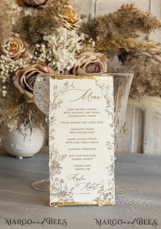 MENU & PROGRAMS glitter/ luxury premium Elegant Ivory Wedding Menu, hand torn edge Elegant Wedding Menu Cards with gold foil border, program dinner wedding menu 18/Desu/m25