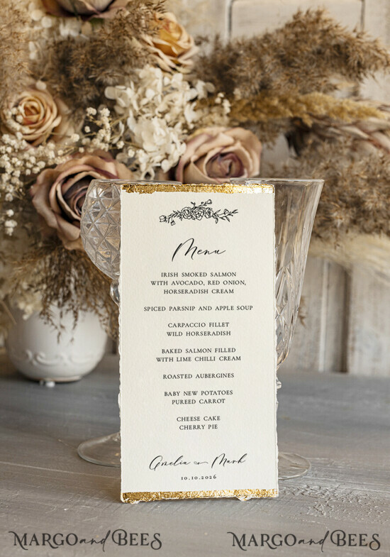 MENU & PROGRAMS glitter/ luxury premium Elegant Ivory Wedding Menu, hand torn edge Elegant Wedding Menu Cards with gold foil border, program dinner wedding menu 14/Desu/m25