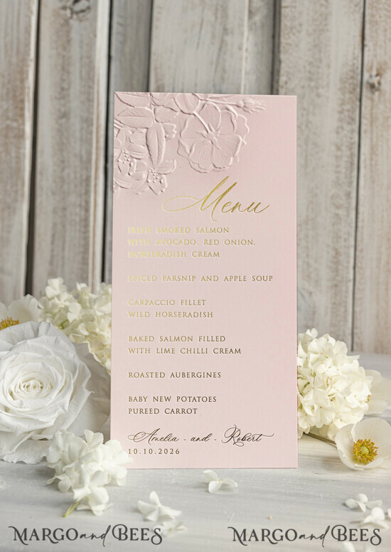 MENU & PROGRAMS glitter/ luxury premium Embossed Rose Blush Pink Wedding Menu, Elegant Wedding Menu Cards With Rose Motif, Luxury Wedding Menu With Gold Foil 01/FMNchk/m25