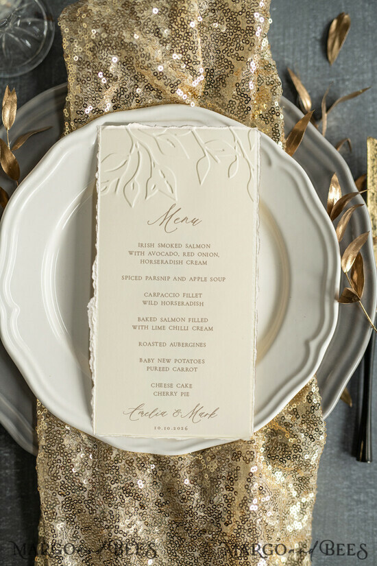MENU & PROGRAMS glitter/ luxury premium Embossed Ivory Wedding Menu, torn edge Elegant Wedding Menu Cards With Floral leaf Motif, Luxury 10/DEsuemBO/m25