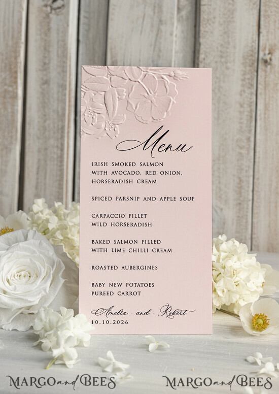 MENU & PROGRAMS glitter/ luxury premium Embossed Blush Pink Wedding Menu, Elegant Wedding Menu Cards With Floral leaf Motif, Luxury 01/Emrosrw/m25