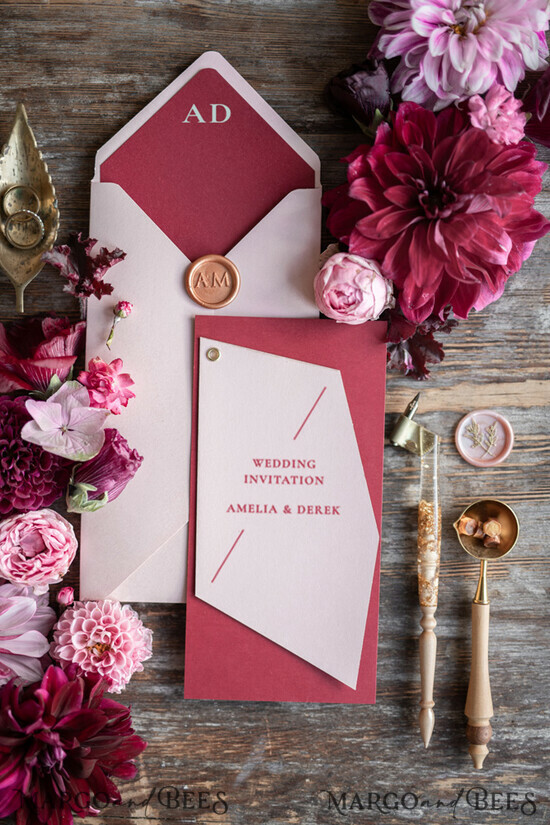 WEDDING INVITATIONS Modern Invites Floral Cards Geometric wedding invitations, geometric cards, marsala wedding invitations, blush pink wedding invitations, red and blush pink wedding invitations, geometrical design, red wedding invitations, blush pink envelope, red envelope liner, red lettering, blush pink and red wedding invitations, pink and red wedding invitations, geometric stationery, geometric accessories, red wedding stationery, pink wedding stationery, pink wedding accessories 02/geom/z