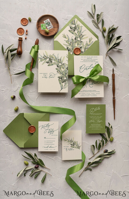 WEDDING INVITATIONS Modern Invites Floral Cards Tusany wedding invitations Olive Tree Branch Presonalized Invites perfect for Italy Destination Wedding 7/GREENPI/z