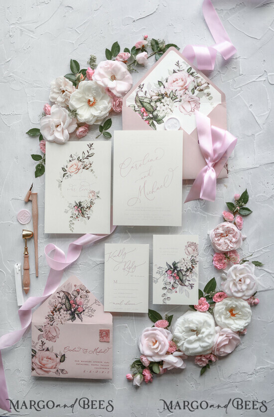 WEDDING INVITATIONS Modern Invites Floral Cards Blush pink wedding invitations, romantic wedding invitations, white wedding invitations, floral wedding invitations, rose wedding invitations, garden roses, garden roses wedding invitations, garden rose, rose wedding accessories, pink ribbon, pink bow, pink wedding invitations, floral cards, floral envelope, calligraphy, rose wedding cards, garden wedding, romantic wedding, elegant wedding invitations, blush pink wedding stationery 01/rose/z