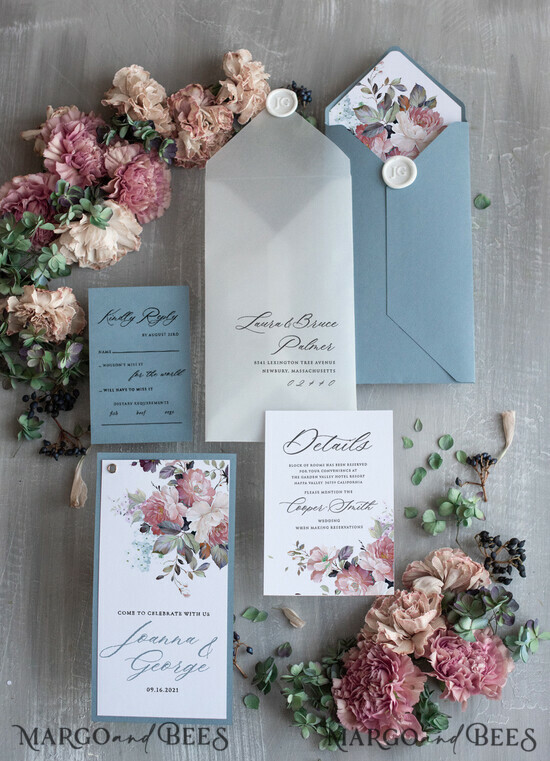 WEDDING INVITATIONS Modern Invites Floral Cards Dusty blue wedding invitations, dusty blue wedding, dusty blue wedding inspiration, dusty blue wedding stationery, dusty blue wedding cards, dusty blue and white wedding invitations, floral wedding invitations, romantic wedding invitations, custom wedding invitations, belly band, white wedding invitations, floral wedding cards, floral envelope liner, vellum envelope, vellum paper, elegant wedding invitations 01/bot/z