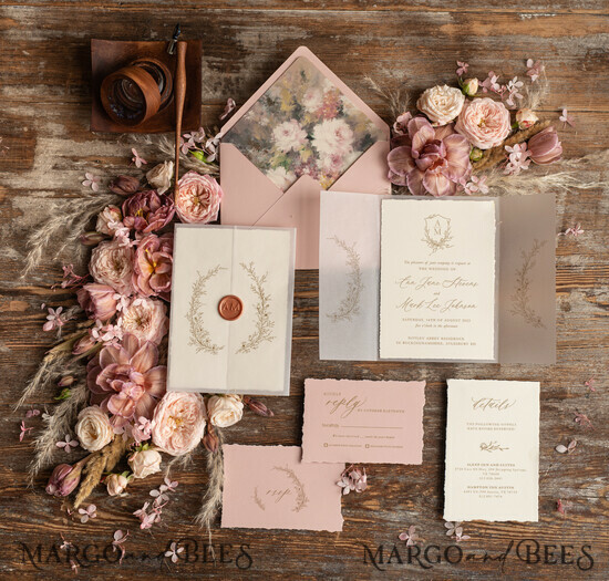 WEDDING INVITATIONS Modern Invites Floral Cards Elegant wedding invitation copper wax, Boho wedding invitations, Floral Elegant Wedding Invites, Botanical wedding Stationery 03/kalw/z