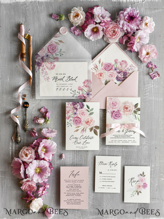 WEDDING INVITATIONS Modern Invites Floral Cards Exceptional floral wedding invitations spring flowers stationery, pink and blush wedding suite 02/CBW/z