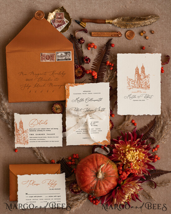 SAMPLING SERVICE samples Terracotta wedding Invitation Sample, handmade sample set, Burn orange and ivory wedding invitation, deckled edge copper invites sample set 07/DEsu/sample