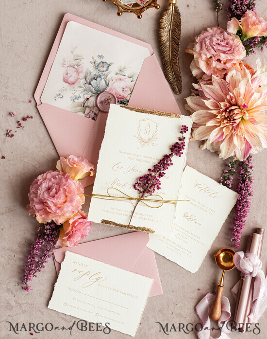 SAMPLING SERVICE samples Dusty Rose wedding Invitation Sample, handmade heather sample set, Pink floral wedding invitation, gold deckled edges invitation sample set 02/DEsu/sample