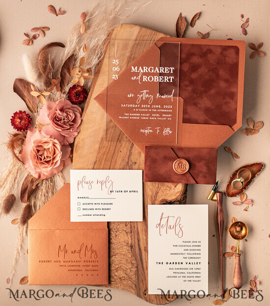 SAMPLING SERVICE samples Copper wedding Invitation Sample, handmade sample set, Terracotta Velvet wedding invitation, transparent acryl invites sample set 01/ACGNvelLAK/sample