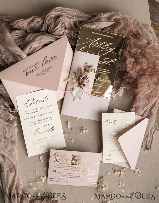 SAMPLING SERVICE samples sample Luxury Mirror gold Wedding Invitations, Elegant Blush Pink Wedding Cards, Glamour Acrylic Wedding Invites, Clear Plexi Wedding Invitation Suite 01/TbukM/sample