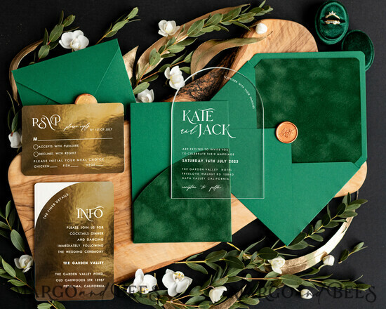 SAMPLING SERVICE samples Green Velvet wedding Invitation Sample, handmade sample set, Arch Acrylic wedding invitation sample, gold and green invitation sample set 06/velakrylKSZ/sample