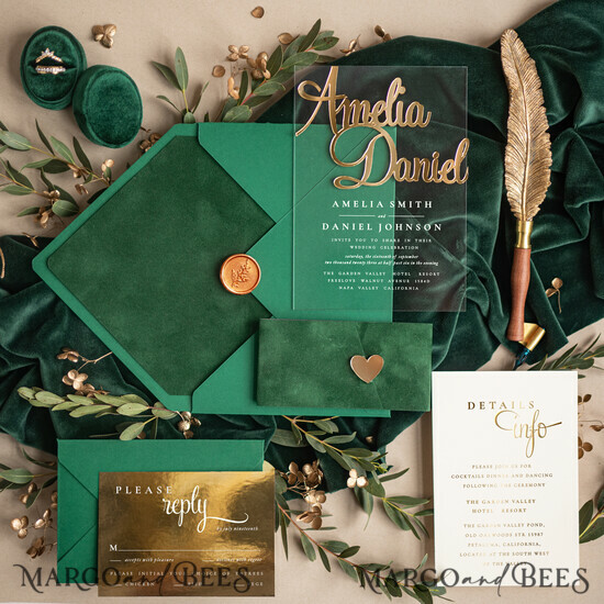 SAMPLING SERVICE samples Green wedding Invitation Sample, handmade sample set, Green Velvet and Gold Foil wedding invitation, greenery invites sample set 01/velakrylgold/sample