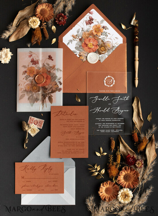 SAMPLING SERVICE samples Terracotta Fall wedding Invitation Sample, handmade sample set, Copper wedding invitation samples, clear acryl invites sample set 02/ACGNC/sample