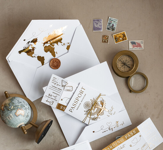 SAMPLING SERVICE samples Sample, bespoke sample set Gold White Passport Wedding Invitation, Golden Wedding Cards Boarding Pass, Bespoke Travel Passport Wedding Invitations Abroad, Destination Greece Wedding Invites, Travel Map Wedding Stationary, World map 03/passFG/sample