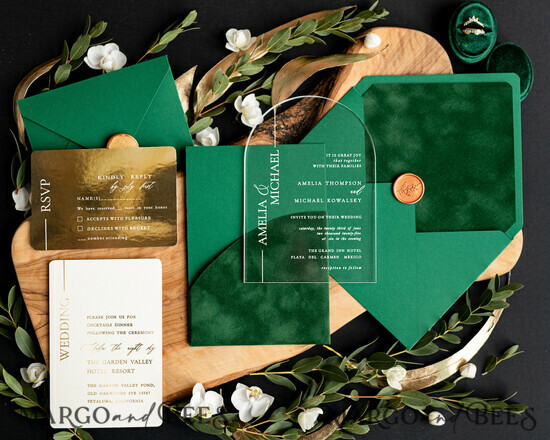SAMPLING SERVICE samples Green wedding Invitation Sample, handmade sample set, Green Velvet and Gold wedding invitation, Clear Acryl invites sample set 01/velakrylKSZ/sample