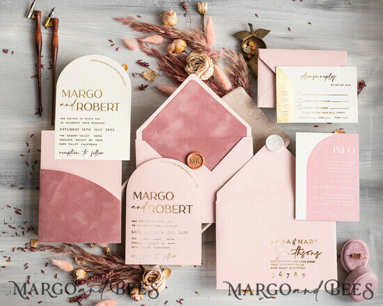 SAMPLING SERVICE samples Dusty Rose wedding Invitation Sample, handmade sample set, Pink Velvet and Gold Foil wedding invitation, blush pink invites sample set 01/ACPaP/sample