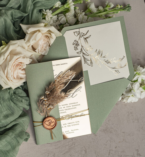 SAMPLING SERVICE samples Sample, bespoke sample set Sage Green Mirror gold Wedding Invitations, Elegant Garden Wedding Cards, Greenery Acrylic Wedding Invites, Mirror Gold Plexi Wedding Invitation Suite 03/TbukM/sample