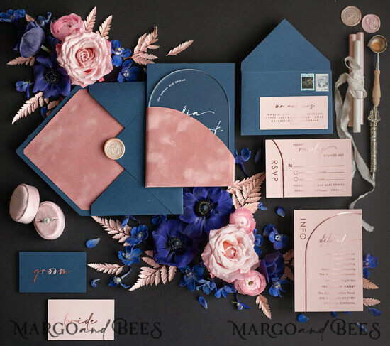 SAMPLING SERVICE samples Dusty Rose Velvet wedding Invitation Sample, handmade sample set, Navy Blue wedding invitation sample set, arch acrylic invites sample set 05/velakrylKSZ/sample