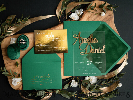 SAMPLING SERVICE samples Green wedding Invitation Sample, bespoke sample set, Green Velvet and Gold Mirror wedding invitation, Clear Acryl invites sample set 03/velakrylgold/sample