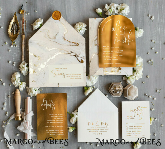SAMPLING SERVICE samples sample Elegant Gold Wedding invitations, Luxury Gold Acrylic wedding invitation, Golden marble Wedding Invites, Arch Glamour Wedding Invitation Suite 03/mararchg/z