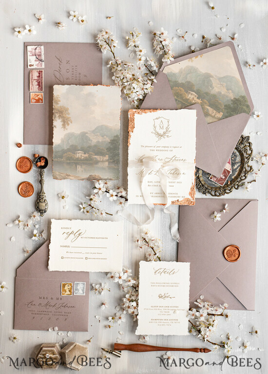 SAMPLING SERVICE samples Vintage Fine Art wedding Invitation Sample, handmade sample set, cappuccino ivory wedding invitation, gold torn edges invites sample set 05/splWSgold/sample