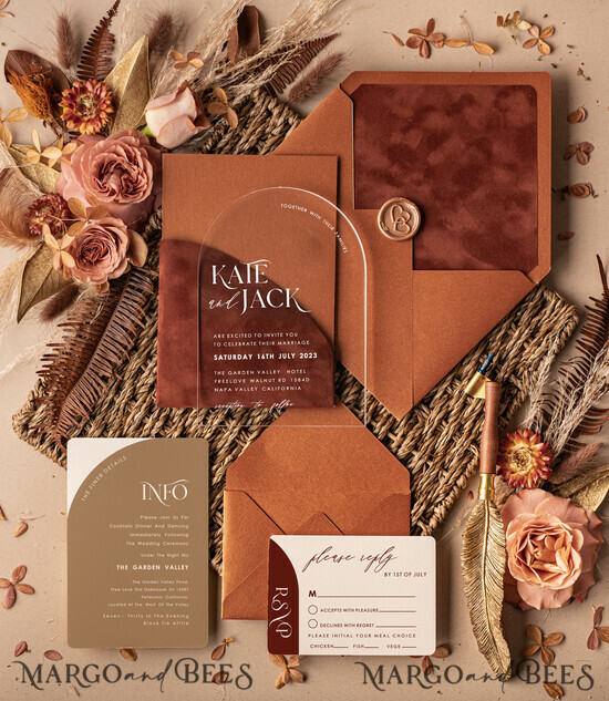SAMPLING SERVICE samples Terracotta wedding Invitation Sample, handmade sample set, Copper Velvet wedding invitation sample set, terracotta invites sample set, clear acryl invites sampl 02/ACGNMvel/sample