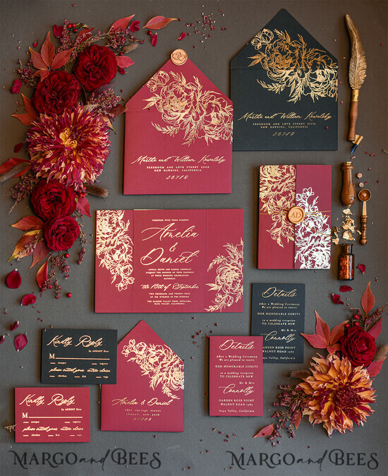 SAMPLING SERVICE samples Gold Maroon wedding Invitation Sample, handmade glamour sample set, Burgundy and Gold Foil wedding invitation, Black and Burgundy invites sample set 05/goldrose/sample
