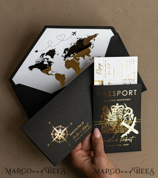 SAMPLING SERVICE samples Gold White Black Passport Wedding Invitation, Golden Wedding Cards Boarding Pass, Travel Passport Wedding Invitations Abroad, Destination Wedding Invites, Travel Map Wedding Stationary 05/passM/sample