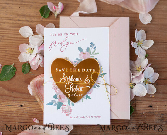 SAVE THE DATES acrylic gold magnets Personalised Wedding Save the dates, hexagon mirror maget 5/goldglam/std