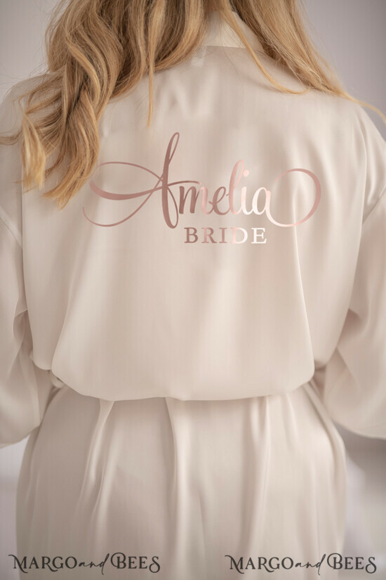 NEWLY WEDS COUPLE GIFTS Bride gifts White satin wedding robe for Bride with rose gold inscription, Elegant Rose Gold Wedding Robe, Bride Wedding GIft 02/SATszl/bride