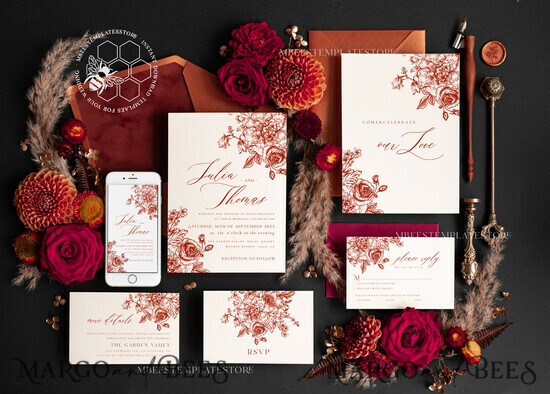 TEMPLETT wedding invitation download Boho Modern wedding Invitations Evite Set Template, Instant Download Printable Invites Home Printing Fall Heart Wedding Invitation Cards WB7 127/wb7/z