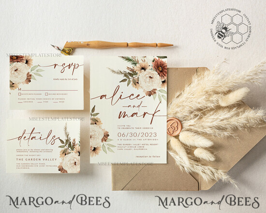 TEMPLETT wedding invitation download Boho Ivory wedding Invitations Set Template, Instant Download Printable Invites Home Printing, Simple Boho Wedding Invitation Card Set 38/boho10/z