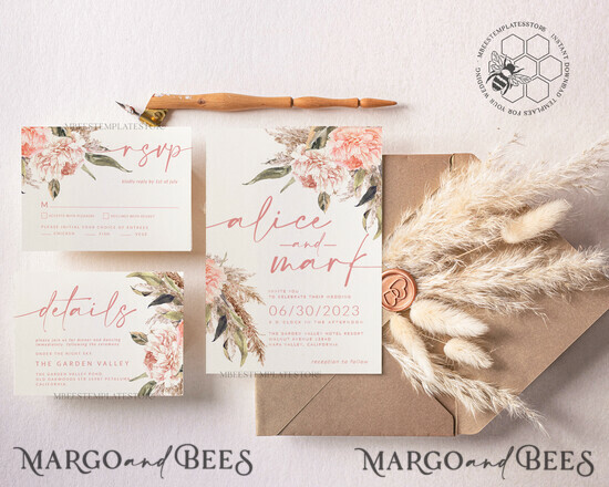 TEMPLETT wedding invitation download Elegant Boho wedding Invitations Set Template, Instant Download Printable Invites Home Printing, Simple Boho Wedding Invitation Card Set 36/templett/z