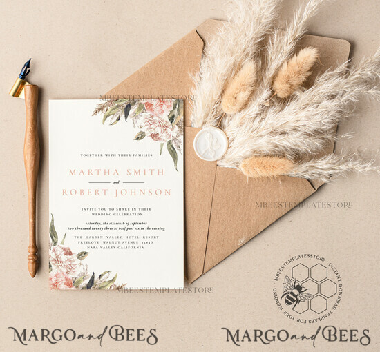 TEMPLETT wedding invitation download Rustic Pampass wedding Invitations Set Template, Instant Download Printable Invites Home Printing, Simple Boho Wedding Invitation Card Set 51/templett/z