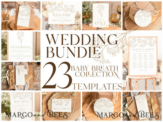 TEMPLETT wedding set Rustic gypsophila Boho Wedding Stationery Bundle, boho barn Wedding Template Kit, Wedding Invitation Set, Invitation Template Download Set, WSpr1 2/gypsophila/set