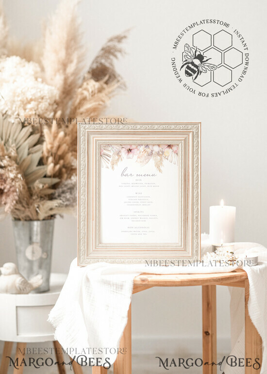 TEMPLETT wedding stationery Boho pampas drink bar menu template, Drinks Signs editable, Instant download Modern Table Signs Garden Wedding Menu Sign Printable, WPam5 5/bohopampas/bm