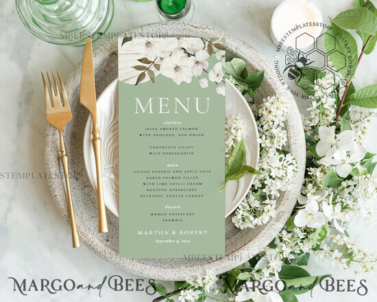 TEMPLETT wedding stationery Modern wedding menu template, dinner menus editable, Instant download SageGreen wedding menus, Garden wedding menu Printable, WSpr3 3/spring/m