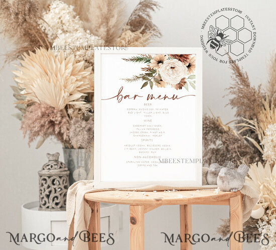 TEMPLETT wedding stationery Boho drink bar menu template, Drinks Signs editable, Instant download Modern Table Signs Garden Wedding Menu Sign Printable, WBoho10 10/boho/bm