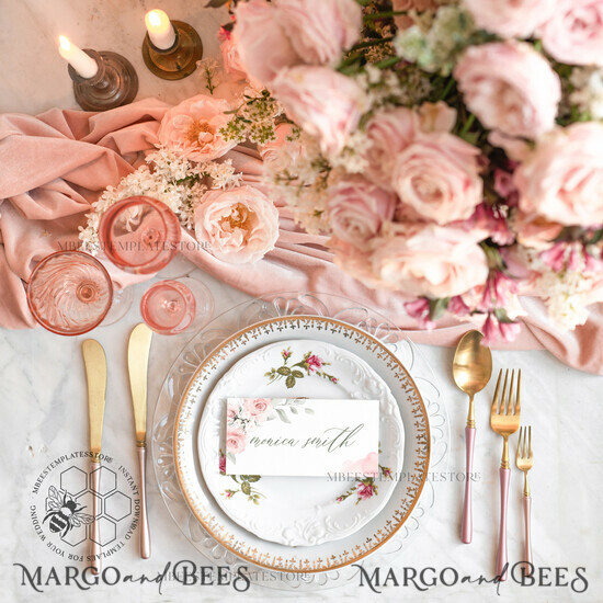 TEMPLETT wedding stationery Blush Pink Boho escort card template, TENTED Place Cards editable, Instant download place cards Elegant Printable, WRom1 1/romanticroses/pc