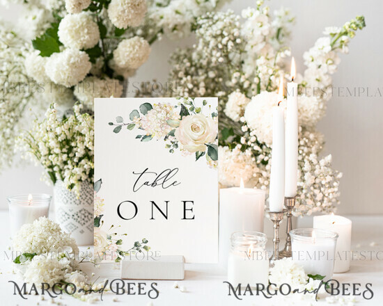 TEMPLETT wedding stationery Sage Green table number template, table numbers editable, Instant download Modern table numbers, Garden table number Printable, WRoses55 1/whiterose/tn