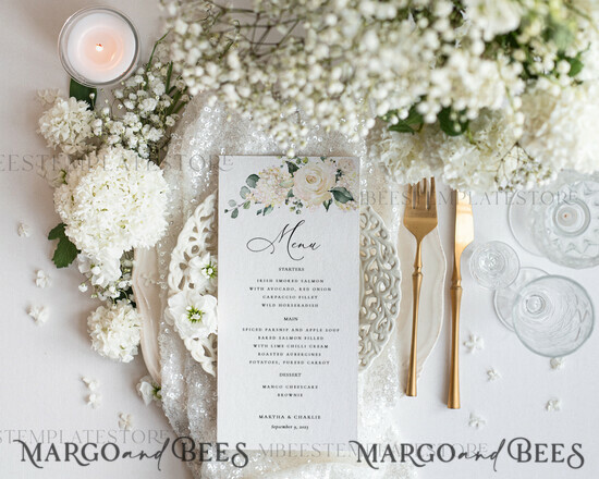 TEMPLETT wedding stationery Sage Green wedding menu template, wedding menus editable, Instant download Modern wedding menus, Garden wedding menu Printable, WRoses55 1/whiterose/m