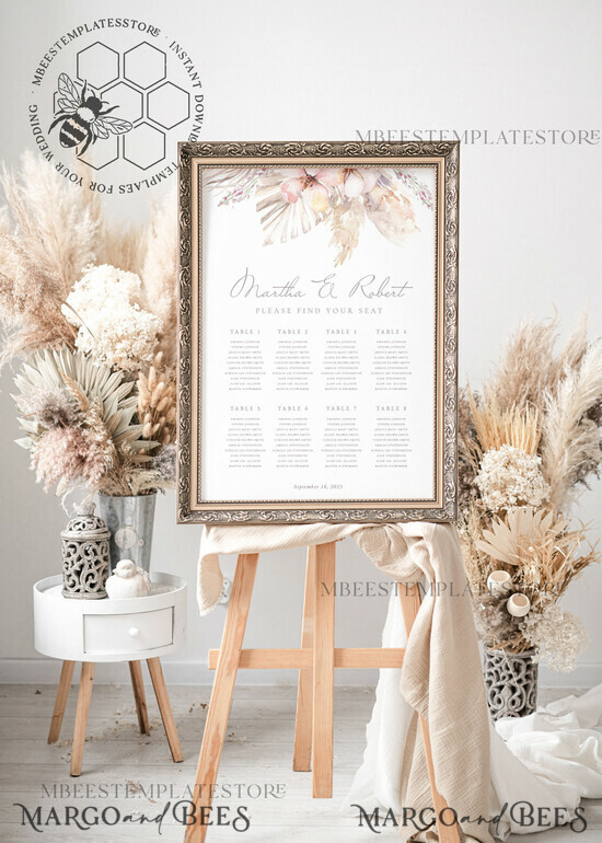 TEMPLETT wedding signs Boho Pampass wedding welcome sign template, Wedding Seating Chart Template, Printable Seating Chart Wedding, Chart Sign Poster, WPam5 5/bohopampas/sc
