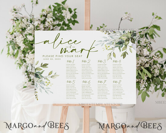 TEMPLETT wedding signs Greenery wedding welcome sign template, Wedding Seating Chart Template, Printable Seating Chart Wedding, Chart Sign Poster, WGreen4 4/greenbot/scl