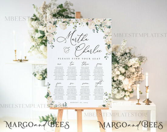 TEMPLETT wedding signs Boho Roses wedding welcome sign template, Wedding Seating Chart Template, Printable Seating Chart Wedding, Chart Sign Poster, WRoses55 1/whiterose/sc