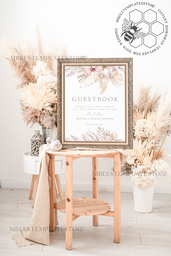 TEMPLETT wedding signs Pampas Guestbook Wedding Sign template, Instant download Boho Wedding Guest book Sign, Guestbook Printable, Minimalist Sign, WPam5 5/bohopampas/gb